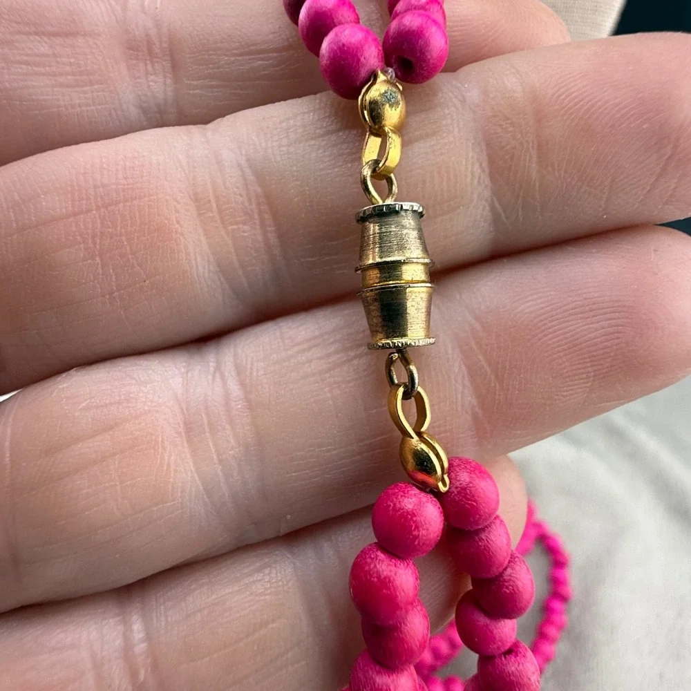 Vintage Estate Necklace Pink Wood Beaded Layered Floral Tropical 27